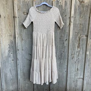 White with tan floral dress